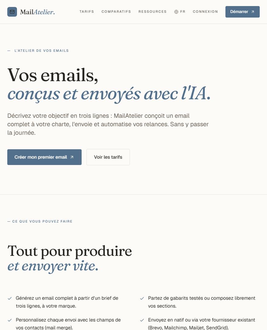 La page d’accueil de mailatelier.ai