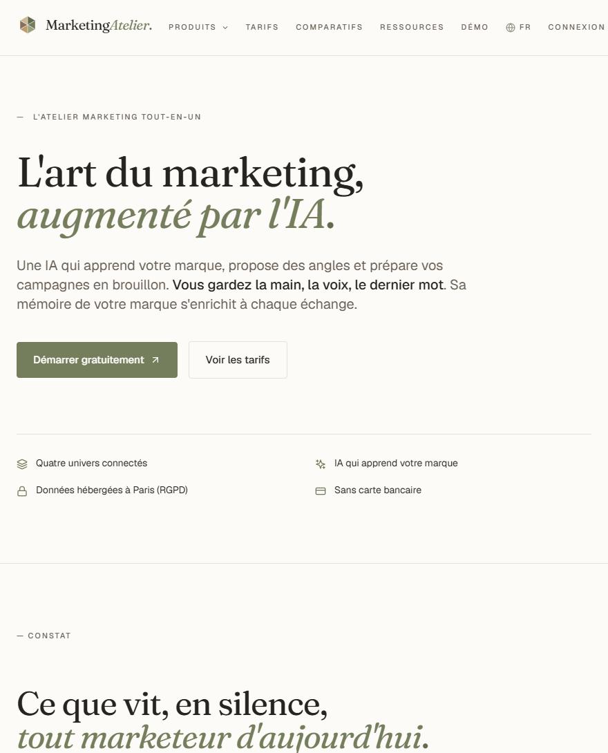 La page d’accueil de marketingatelier.ai