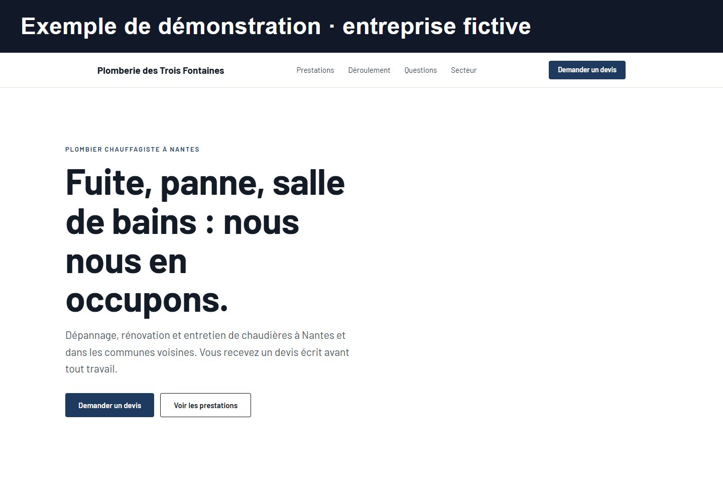 Capture marquée « Exemple de démonstration, entreprise fictive » : le site d’un plombier chauffagiste fictif, Plomberie des Trois Fontaines