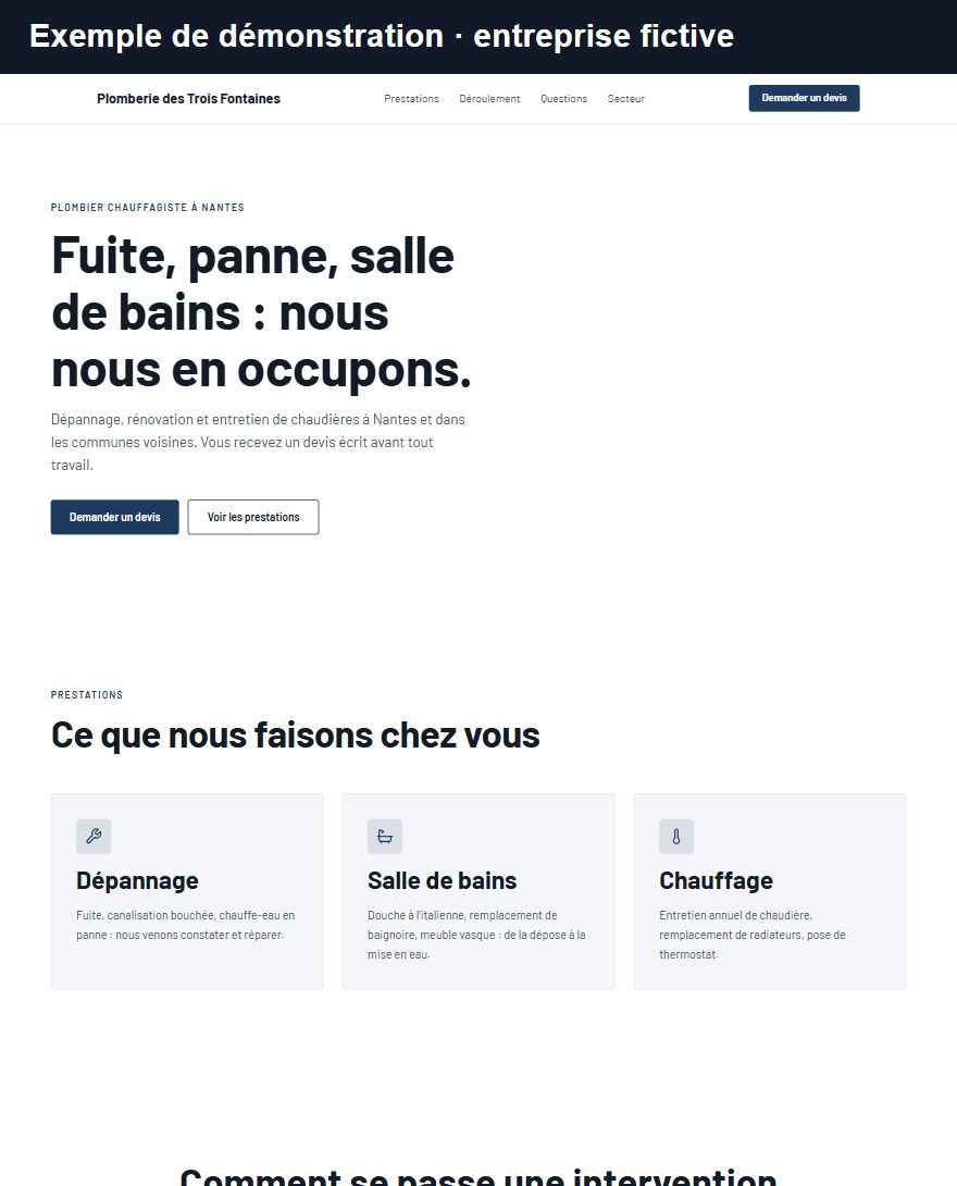 Capture marquée « Exemple de démonstration, entreprise fictive » : le site d’un plombier chauffagiste fictif, Plomberie des Trois Fontaines