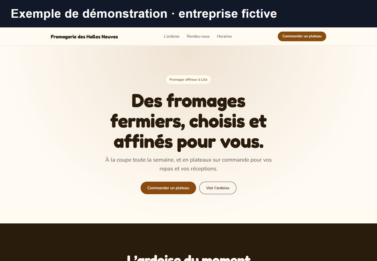 Capture marquée « Exemple de démonstration, entreprise fictive » : le site d’une fromagerie fictive, Fromagerie des Halles Neuves