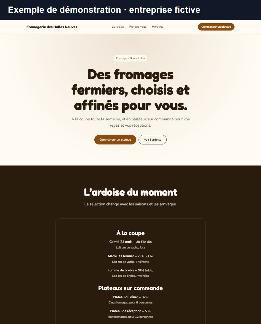 Capture marquée « Exemple de démonstration, entreprise fictive » : le site d’une fromagerie fictive, Fromagerie des Halles Neuves
