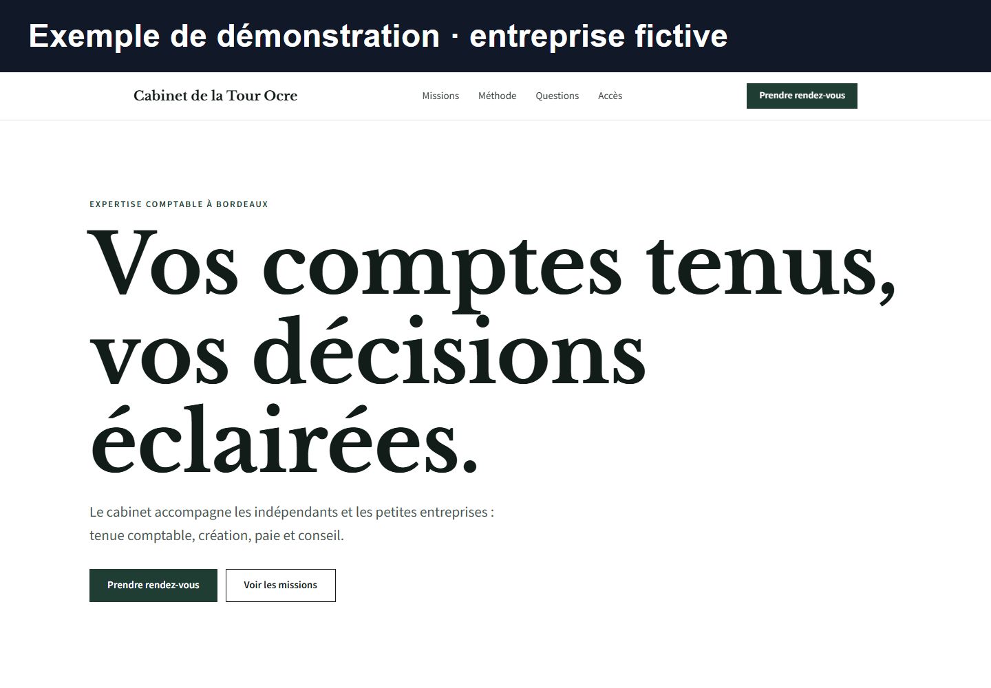 Capture marquée « Exemple de démonstration, entreprise fictive » : le site d’un cabinet d’expertise comptable fictif, Cabinet de la Tour Ocre