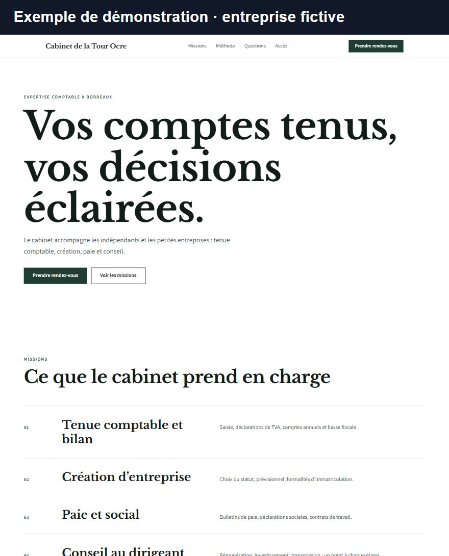 Capture marquée « Exemple de démonstration, entreprise fictive » : le site d’un cabinet d’expertise comptable fictif, Cabinet de la Tour Ocre